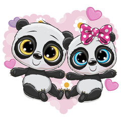 Cute Cartoon Pandas on a background of heart