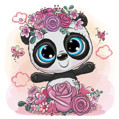 Cartoon Panda with flowers on a white background