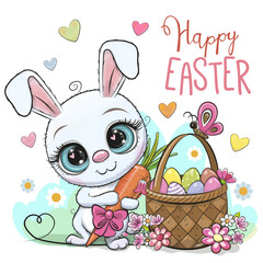 Cartoon White Bunny with a basket of Easter eggs