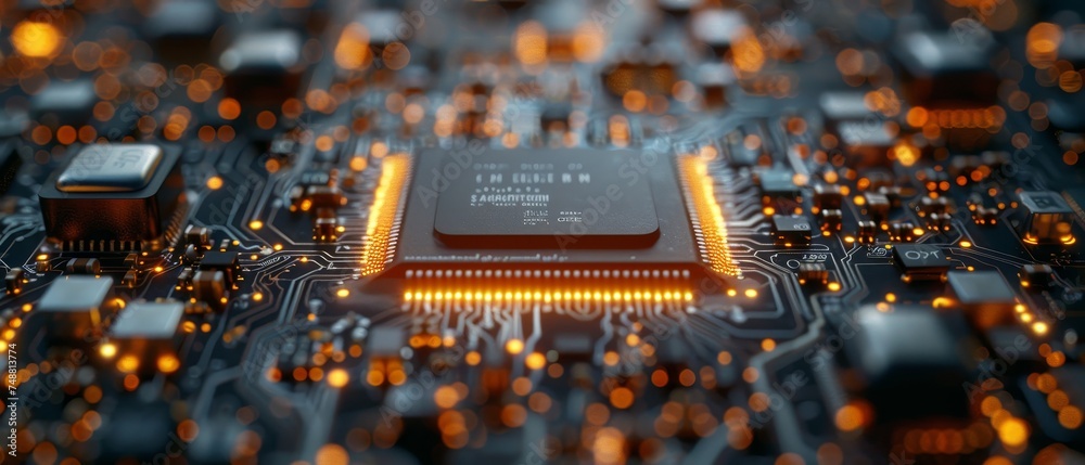 Fototapete electronic chip and cpu of mobile phones. phone repair and maintenance banner. disassembled componen
