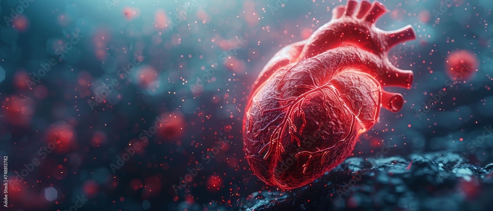 Poster Defending red viruses attacks an abstract red human heart. Medical concept based on low poly style. Geometric background. Wireframe light connection structure. Modern 3D graphic design concept.