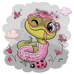 Cartoon Snake on a meadow with flowers and butterflies