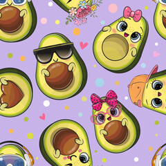 Pattern with cute cartoon avocados