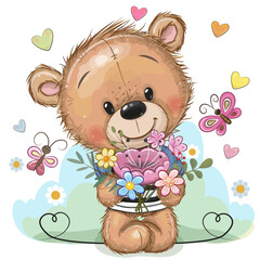 Greeting card Cute Cartoon Teddy Bear with flowers