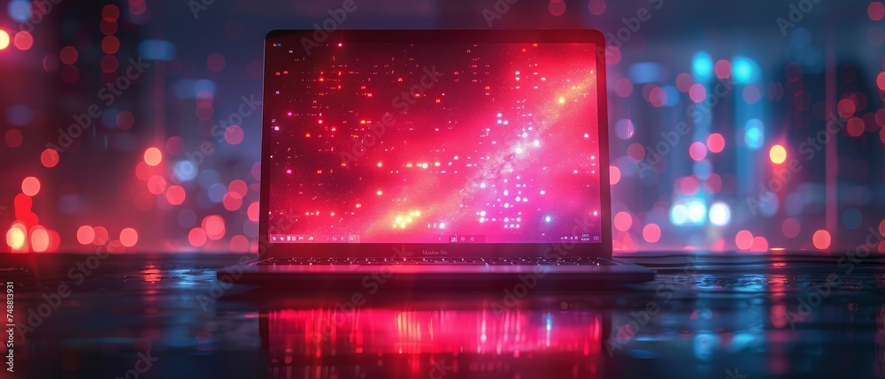 Poster A vector laptop with open screen on a desk front view. A computer program code appears on the laptop as it sits on the table. Abstract neon geometrical design elements adorn the laptop, when it rests