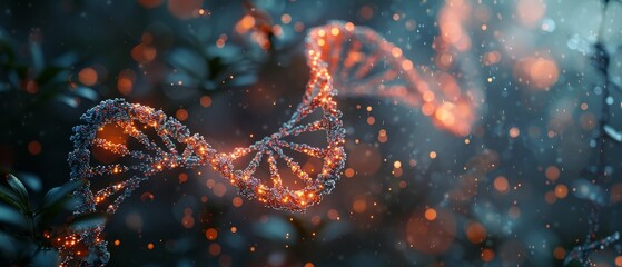 DNA molecule with blue helix and red heart. Medical diagnosis of genetic diseases, gene editing, biotechnology engineering concept. Wireframe light structure  image. - obrazy, fototapety, plakaty