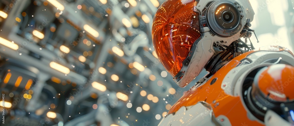 Poster robot cyborg assembler on a factory floor. industry 4.0 concept, ai controls industrial robotic arms