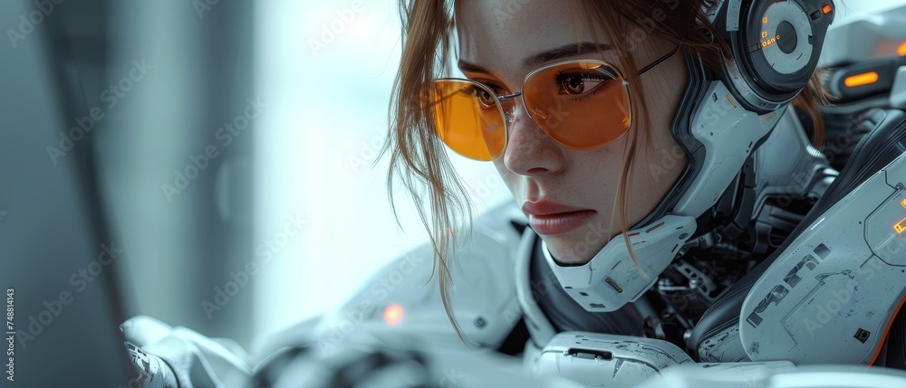 Poster Automation create software. Robot or cyborg woman with AI teaching coding on laptop on coding app. Coding or programming app with artificial intelligence.