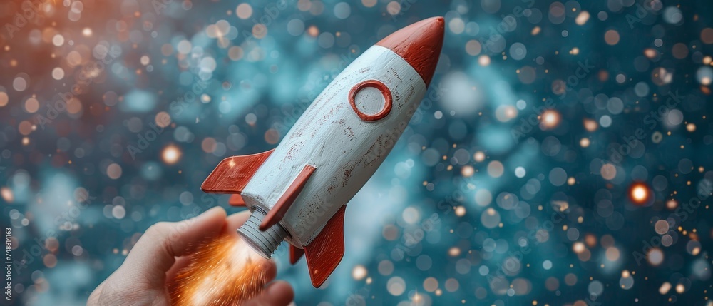 Poster rocket startup from digital hand. isolated on blue. fast web development, process boost, investment 