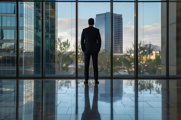 Fototapeta premium Businessman in a suit and classic footwear contemplating cityscape through office windows. The fusion of traditional elegance and modern professionalism. Business style and interior