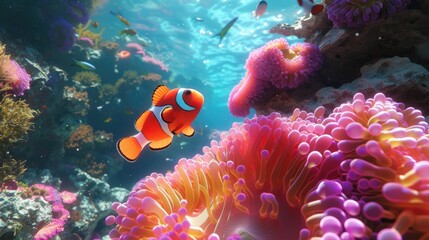 Against the backdrop of a vibrant multi-colored coral reef beneath the ocean's surface, a lone clownfish captures attention with its vivid hues.