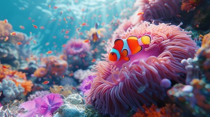 In the mesmerizing expanse of a multi-colored coral reef in the ocean depths, a solitary clownfish is a beacon of color and life.