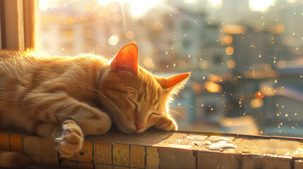 A cat naps peacefully on a windowsill bathed in golden afternoon light, overlooking a bustling city...