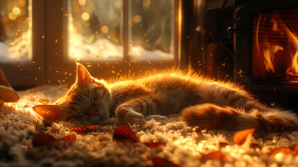 A crackling fireplace illuminates a soft, fluffy rug where a cat naps in a patch of sunlight.