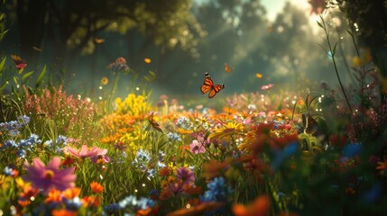 Serenely floating on a tranquil surface, butterflies delicately engage with water droplets amidst a floral backdrop softened by a gentle focus. - obrazy, fototapety, plakaty