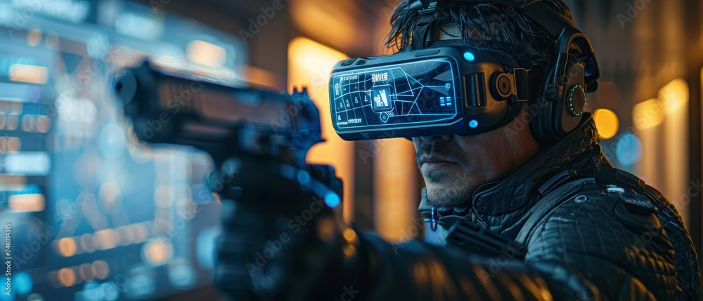 Poster VR online game interface with map of level. Player got ready for VR shooter. Virtual reality glasses and virtual armor on computer video gamer.