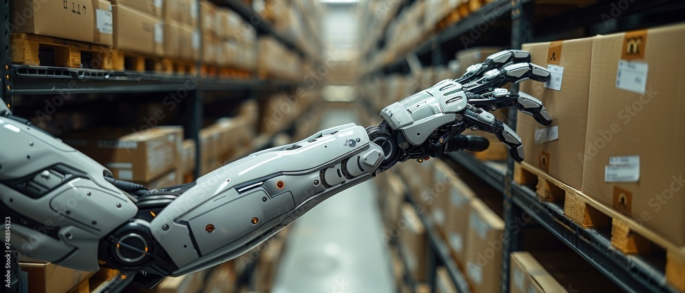 Aufkleber Putting boxes on pallets with robotic arms in smart warehouses. Automated logistics on smart stock storage systems. Industry robots with artificial intelligence in factories. Technology business