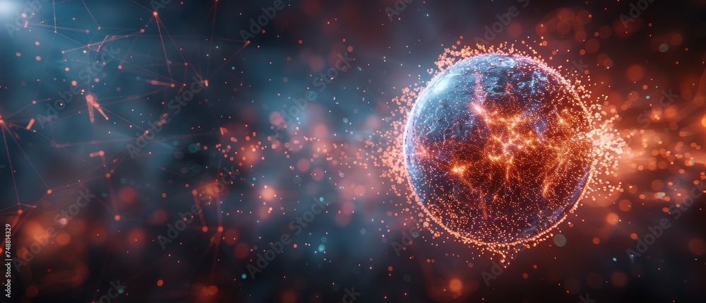 Aufkleber The planet Earth is attacking by red viruses in a blue glass dome. Low poly style. Blue geometric background. Wireframe connection structure. Modern 3D graphic. .