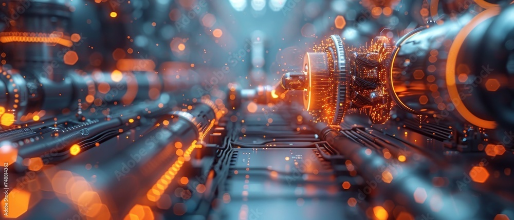 Poster Artificial intelligence in industry 4.0. Robotic arms create neural networks in virtual reality. Concept of futuristic industry technology.