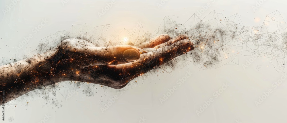 Poster hand threw abstract polygonal coins on white background. business and finance digital concept. line 