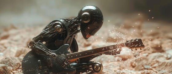 Cyborg rock musician kneeling performs rock music and knocks out sparks from an electric guitar. Robot Music Show. Beautiful robotic girl rocker with AI.3D Model. - obrazy, fototapety, plakaty