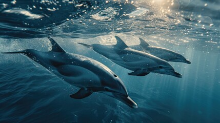 A trio of dolphins elegantly navigate the shimmering underwater world, with sun rays piercing through the surface.
