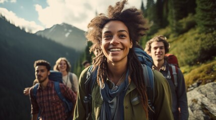 Close-up of a diverse Group of multiracial Friends, young Men and Women hiking against the backdrop of Snowy high mountains. Travel, Adventure, Active Tourism, Hiking, Summer Vacations, concepts.