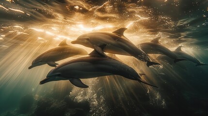 Gliding gracefully through the shimmering underwater realm, a trio of dolphins elegantly maneuver as sun rays pierce through the surface, casting a magical glow upon their journey. - obrazy, fototapety, plakaty