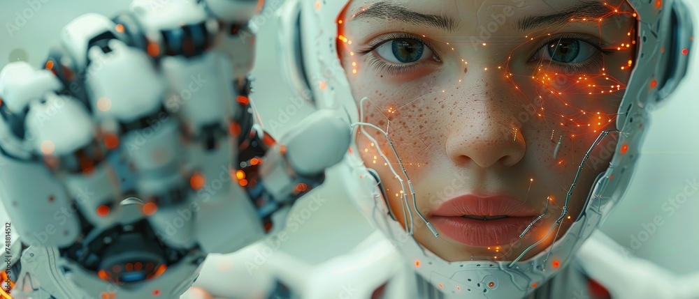 Poster Illustration of a machine learning conceptual. Developer trains artificial intelligence. Digital technology art. Robot programmer with AI in hand. Cyborg woman in image training on digital data.