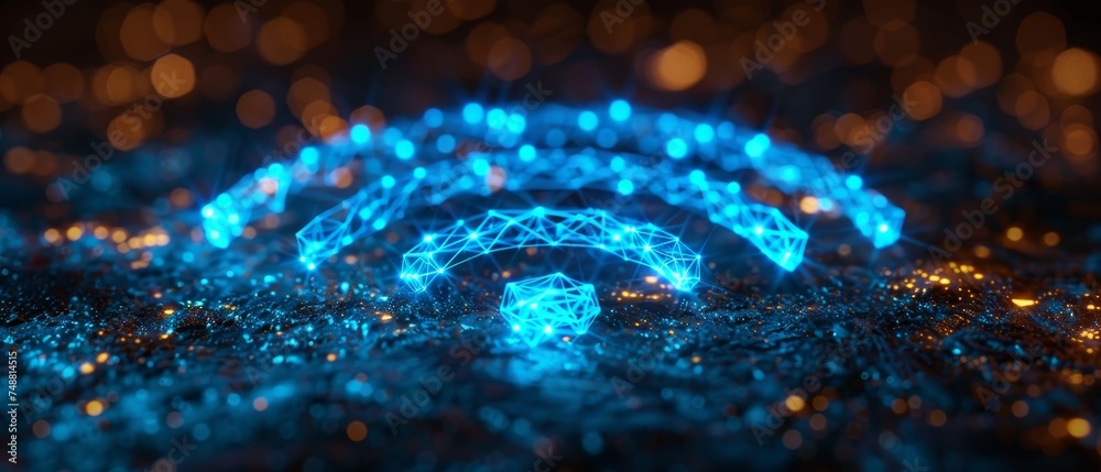 Aufkleber symbol of wi-fi behind blue futuristic shield, a safe wireless technology protection concept. geomet