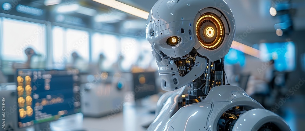 Aufkleber Developing AI software in an image robot head on a desk of an engineer. Programming, learning artificial neural networks. Futuristic computer interface of configurations AI.