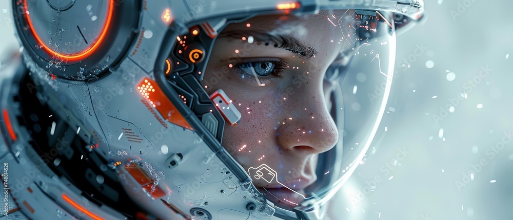 Fototapete A robot or cyborg is looking through a virtual HUD interface. Machine learning concept. Modern tech frame with text and picture in computer electronic style. 3d rendering.