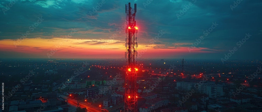 Aufkleber communication tower with 5g wireless broadband antenna for transmitting telecommunication signals. 5