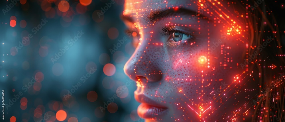 Poster Abstract technology background. Neon computer digital futuristic neon square frame with AI face, geometric shapes in cyberspace. Artificial intelligence head. Abstract digital computer tech banner.