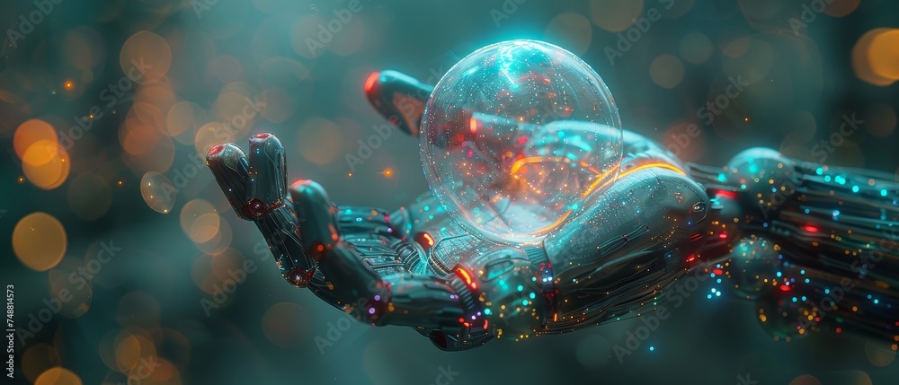 Poster Bot assistance. Polygonal bubble speech in digital hand. Artificial intelligence chatbot service. Concept of a virtual assistant on a digital screen. Robotic assistance, AI reply in digital chat