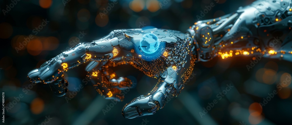 Poster Global communication technology concept. AI-powered global network. Robot hand points to Earth from cyber space. Robotic arm interacts with 3D Earth using HUD. Artificial intelligence connects IoT.