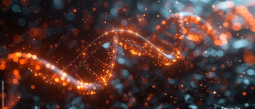 Aufkleber The abstract DNA molecule helix under the shield of a medical gene editing genetic biotechnology engineering concept is designed in a low poly digital style with a geometric wireframe connection