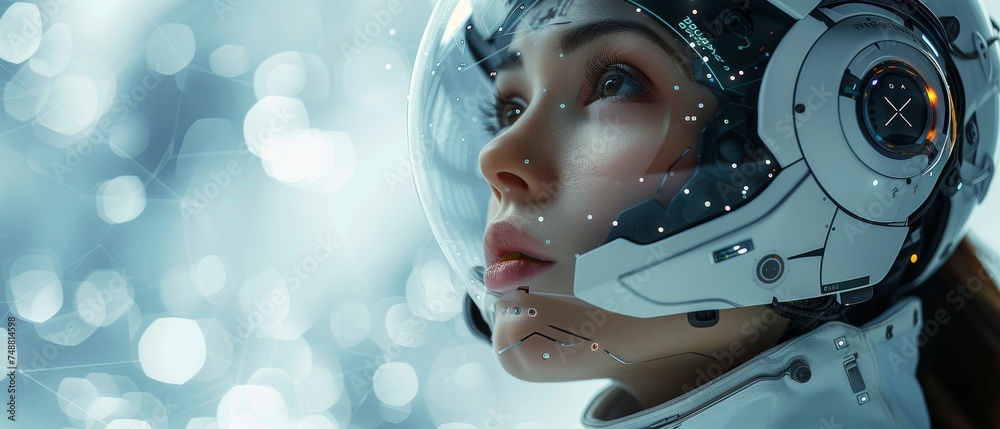 Aufkleber image of an ai-powered robot woman in 3d virtual reality cyberspace. the robotic lady looks up, anal