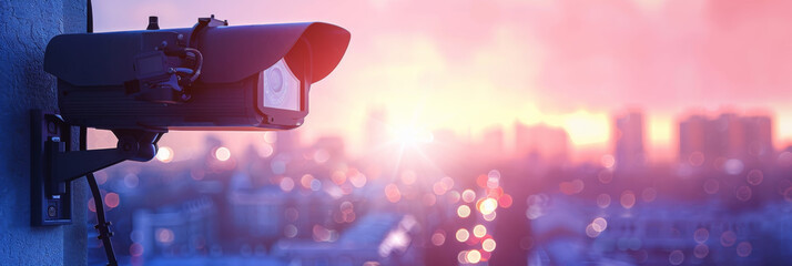CCTV cameras with blurred city in sunset light background for CCTV security camera system banner concept. - obrazy, fototapety, plakaty
