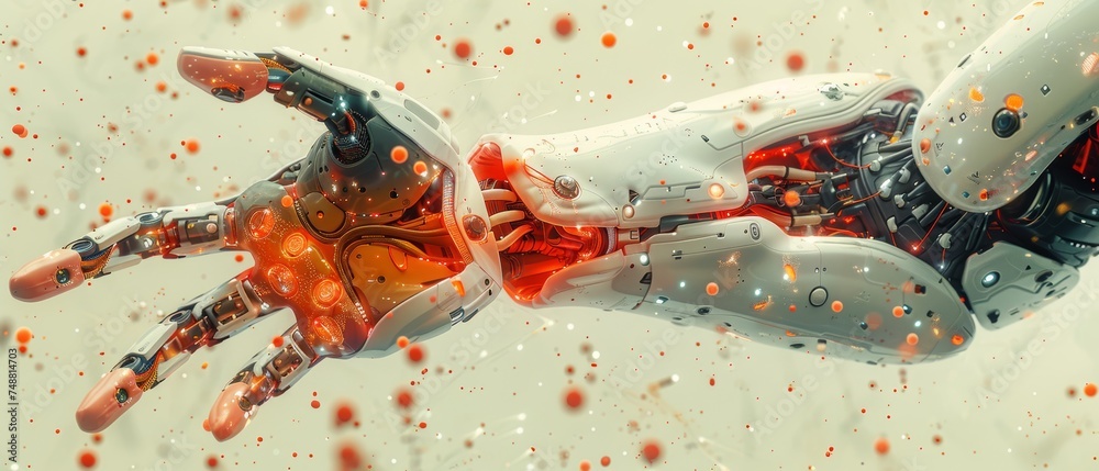Poster The image is of a cyborg woman training on a database with a neural network as an illustration. A developer trained artificial intelligence. Digital technology art. Robot with artificial intelligence