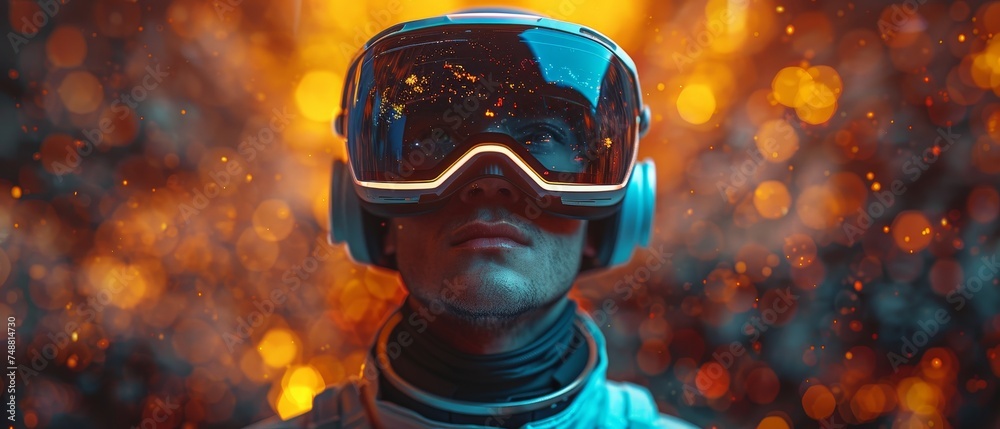 Aufkleber A man wearing a futuristic VR headset looking up at a virtual simulation. An AR helmet is worn on the head. Digital computer entertainment technology. 3D rendering.