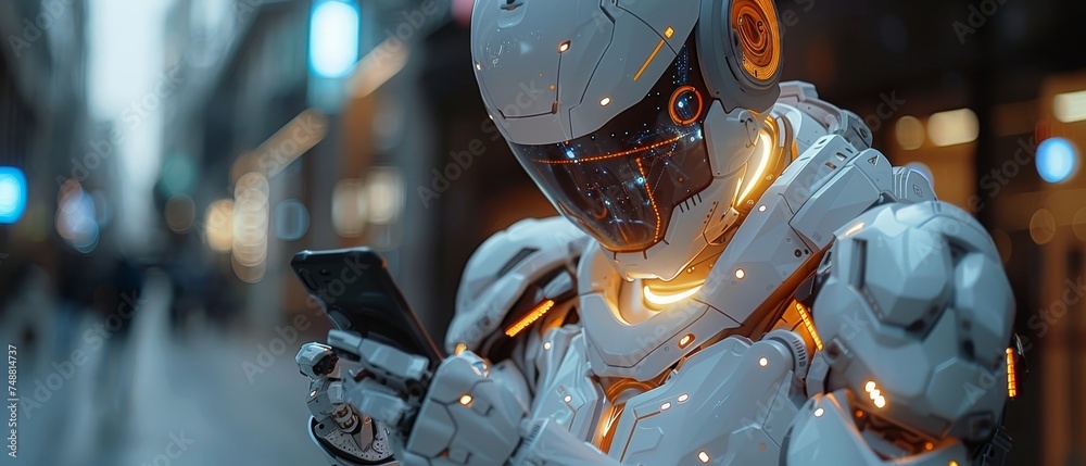 Leinwandbilder In an AI robot's hand, he holds a phone. Artificial intelligence concept banner with a futuristic digital data processing. Robot or cyborg appears to analyze big data.