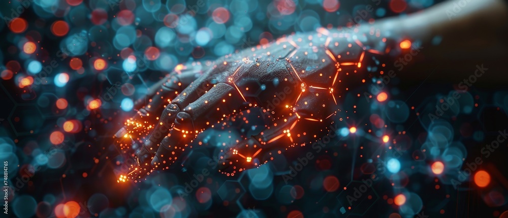 Aufkleber Hexagon pyramids and the digital hand. Automated assistant, bank service plane, artificial agent, digital banking technology, artificial intelligence secure integration, futuristic fintech concept...