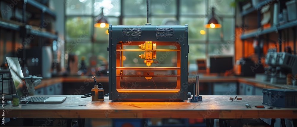 Leinwandbilder three-dimensional printer, laptop on table in workshop of additive 3d maker. isometric printing conc