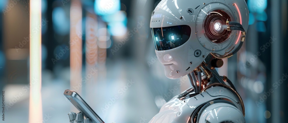 Poster A female cyborg AI chat bot speaking with a customer via mobile phone. An image of a digital robot woman on the screen of a phone is clicked to reveal a speech bubble.