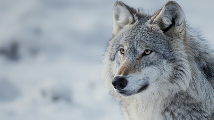 Obraz premium Close-up of a wolf's face in snowy backdrop