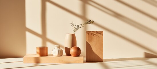 Two vases are placed on top of a wooden shelf in an interior setting with minimalist design. The geometric shapes of the wood, along with the interplay of sunlight and shadows,