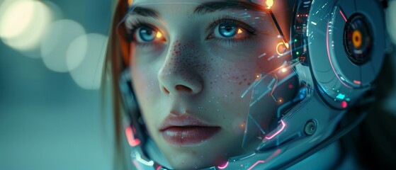 The avatar of a robot woman chatbot has a round image of an AI's face on it. A humanoid female cyborg is holding a headset with a microphone on its head. - obrazy, fototapety, plakaty