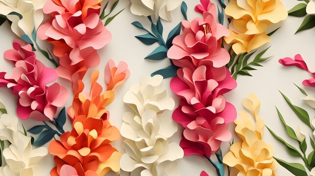 3d snapdragons floral flowers seamless repeat pattern, floral pattern, flower paper art, natural colors, detailed foliage.