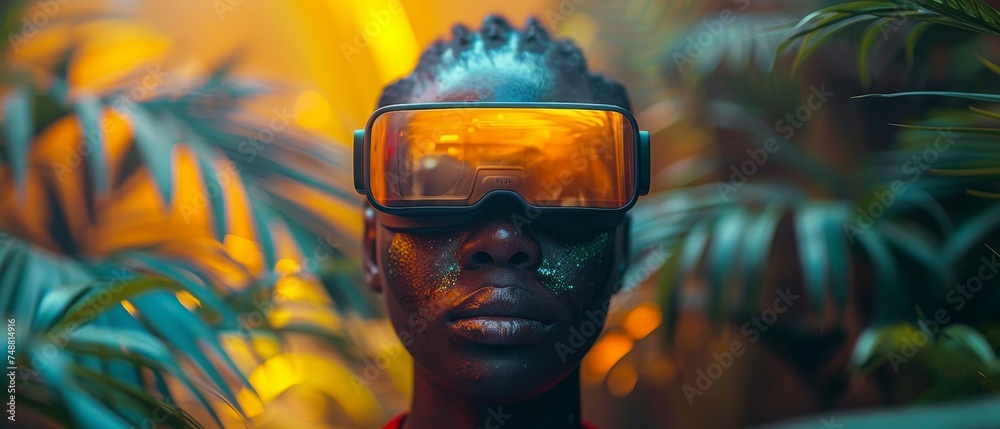 Poster The image shows a man wearing 3D virtual reality glasses in a metaverse in a virtual world simulation. The image shows a virtual reality headset for internet entertainment, virtual reality games.